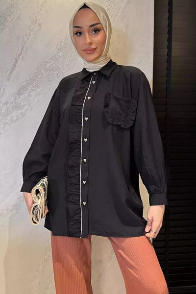 Safgiyim44 Front Stone and Ruffle Detailed Hijab Shirt