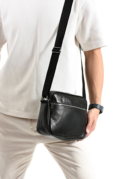 NahitaTyana Ανδρική τσάντα ώμου από γνήσιο δέρμα, χιαστί τσάντα, αφαιρούμενο ρυθμιζόμενο λουράκι, μαύρο χρώμα