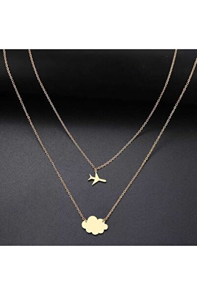 GÜMÜŞ Uçak Ve Bulut Tasarımlı Altın Kaplama Kolye