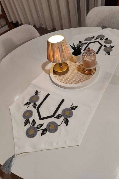 e-Bizz Store Punch Embroidered 1 Piece Runner & Placemat & Table Cloth