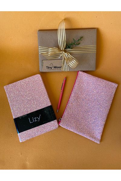 tiny wood Glitter Cover Notebook, Makeup / Pen Bag and 1 Pen Gift Set