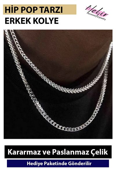 Nehir Steel Mesh Chain Model Stylish 50-55 and 60 cm Length Silver Color 316L Stainless Steel Men's Necklace
