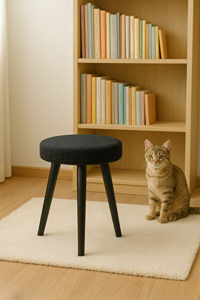 decosense Cozy Peluş Puf Dekoratif Ahşap 3 Siyah Ayaklı Tabure Şık Konforlu Yumuşacık Modern ve Rahat Oturak