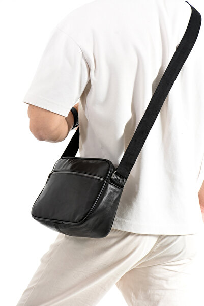 NahitaTyana Ανδρική τσάντα ώμου από γνήσιο δέρμα, χιαστί τσάντα, αφαιρούμενο ρυθμιζόμενο λουράκι, μαύρο χρώμα