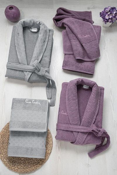 Pierre Cardin Dowry Patterned 100% Cotton 6-Piece Bathrobe Towel Set 2 Bathrobes & 2 Face Towels & 2 Bath Towels