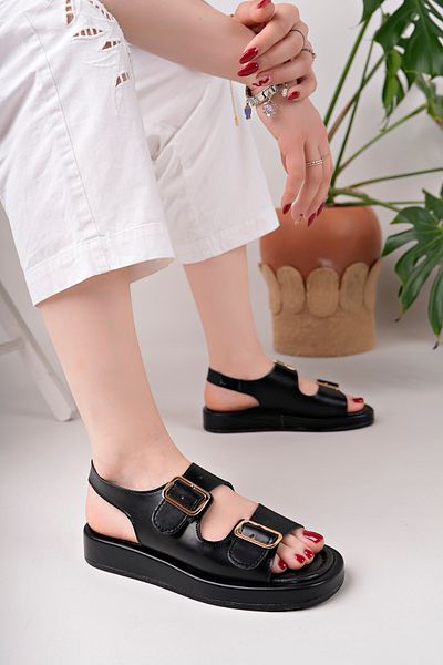 pasyone Sandale elegante de zi cu zi pentru femei negre, cu detaliu de cataramă