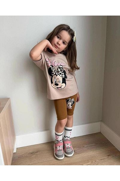 2kids2mom Character Printed T-Shirt and Leggings Bottom Top Girls' Brown Set (2-8 Years)