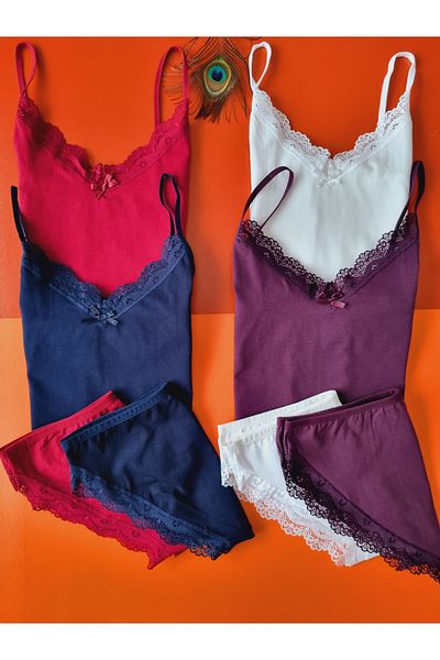 Demirsa Boutique طقم سراويل داخلية نسائية مكونة من 4 قطع باللون الأرجواني والبورجوندي والإكرو والأزرق الداكن مع أشرطة حبل من الدانتيل