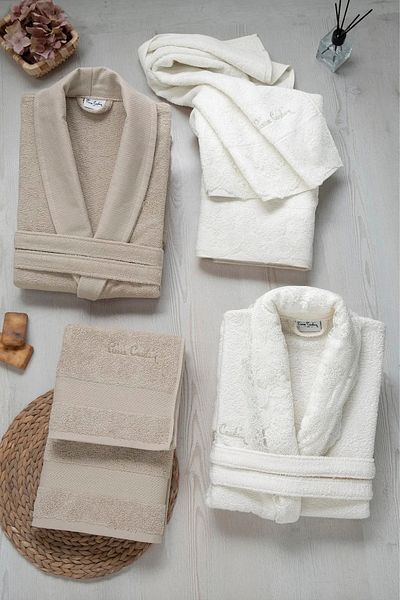 Pierre Cardin Dowry Patterned 100% Cotton 6-Piece Bathrobe Towel Set 2 Bathrobes & 2 Face Towels & 2 Bath Towels