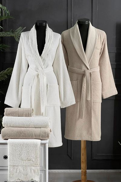 Pierre Cardin Dowry Patterned 100% Cotton 6-Piece Bathrobe Towel Set 2 Bathrobes & 2 Face Towels & 2 Bath Towels