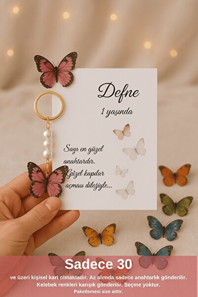 Emtory Home Butterfly | 25 Adet Renkli Kelebekli Anahtarlık - Kişiye Özel Yaz...