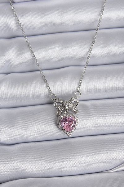 Clariss 316L Steel Silver Color Chain Pink Crystal Heart Zircon Stone Ribbon Model Women's Necklace