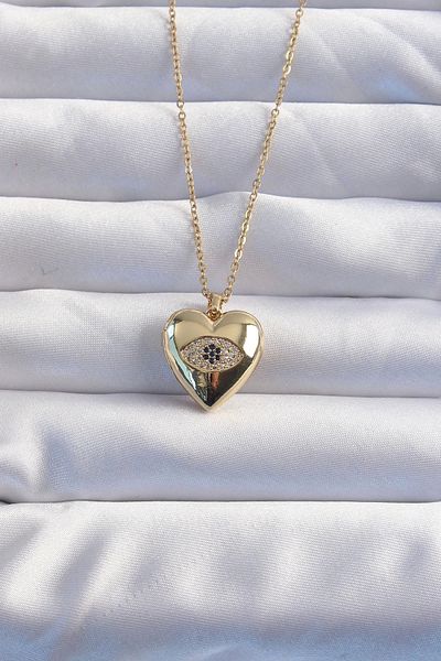 Clariss 316L Steel Chain Gold Color Zircon Stone Eye Figure Openable Heart Model Necklace