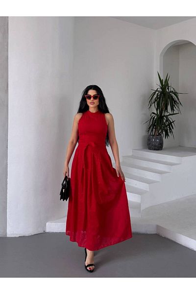 369 etnik butik Rochie maxi în formă de A, fără mâneci, cu guler înalt din dantelă