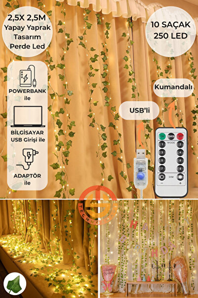 TechnoSmart 2.5x2.5m LED Perde Işık – 250 LED 10 Saçak Yapay Sarmaşık Desenli USB Kumandalı Dekoratif Aydınlatma