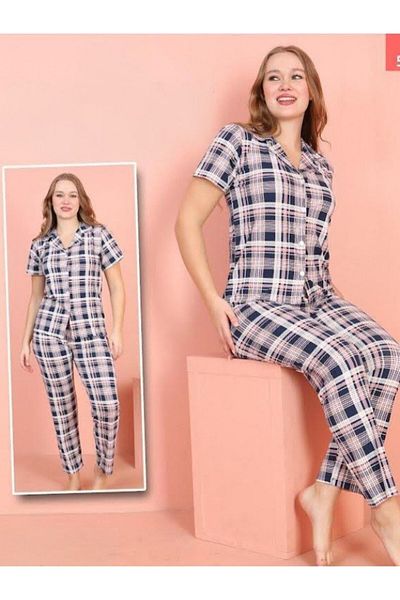Modamorfo Set pijama cu mânecă scurtă cu nasturi în carouri mici - roz