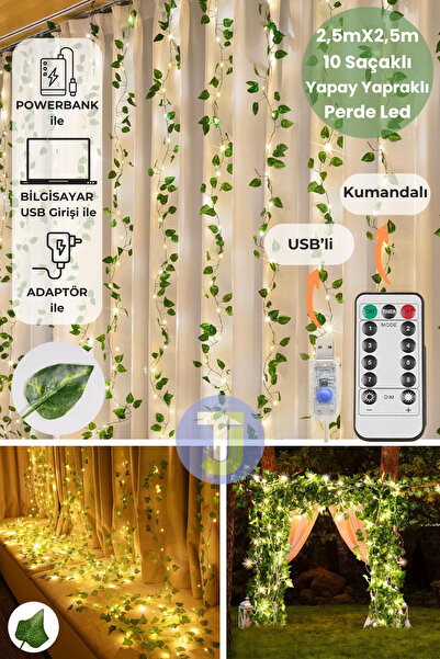 Technojet 2.5x2.5m LED Perde Işık – 250 LED 10 Saçak Yapay Sarmaşık Desenli USB Kumandalı Dekoratif Aydınlatma