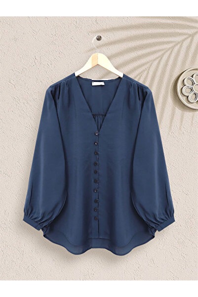 Modamorfo Πουκάμισο με μακρύ πίσω μέρος με κουμπιά V - Ναυτικό