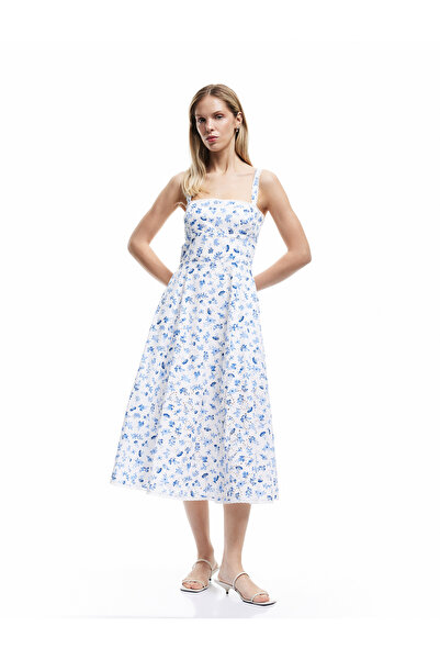 Koton Pamuklu Kare Yaka A Kesim Midi Boy Çiçekli Askılı Elbise