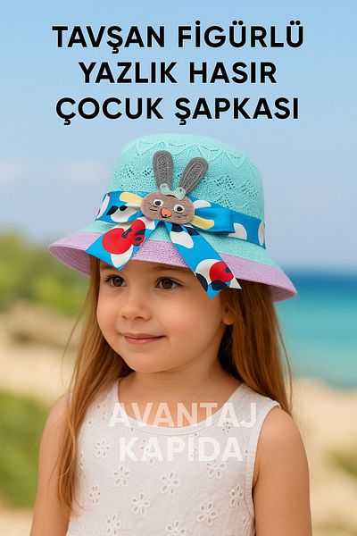 Avantaj Kapıda Special Design Summer Straw Girl's Hat – with Ribbon & Figure 4-12 Years,