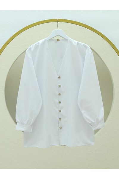 Modamorfo V-Neck Buttoned Poplin Shirt -White