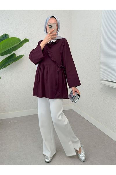 Modamorfo Linen Kimono with Ruffled Collar and Side Tie - Plum