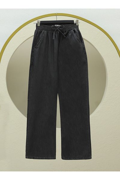 Modamorfo Wide Leg Jeans with Elastic Waist and Pockets - Anthracite