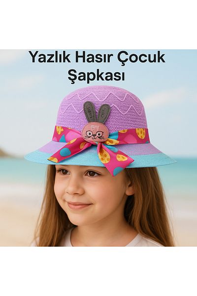 Avantaj Kapıda Special Design Summer Straw Girl's Hat – with Ribbon & Figure 4-12 Years,