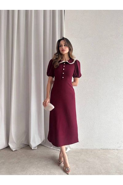 Monapera Baby Collar Balloon Short Sleeve Button Detail Dress