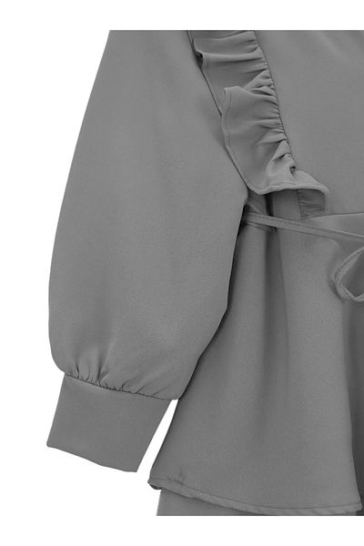 Modamorfo Ruffled Lace-Up Skirt and Tiered Pants Kimono Set - Gray