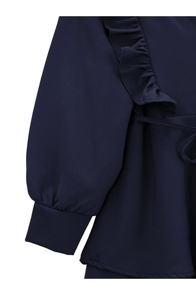 Modamorfo Ruffled Lace-Up Skirt with Front and Tiered Pants Kimono Set - Navy