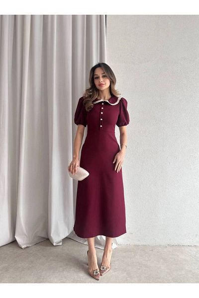 Monapera Baby Collar Balloon Short Sleeve Button Detail Dress