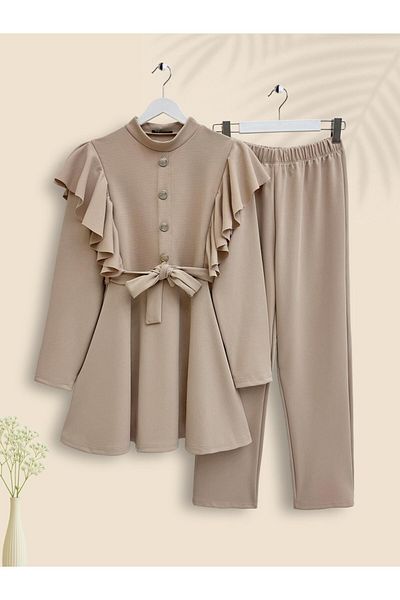 Modamorfo Button Detailed Ruffled Shoulder Suit - Beige