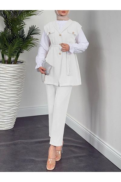 Modamorfo Zero Sleeve Front Buttoned Triple Suit with Belt - Ecru