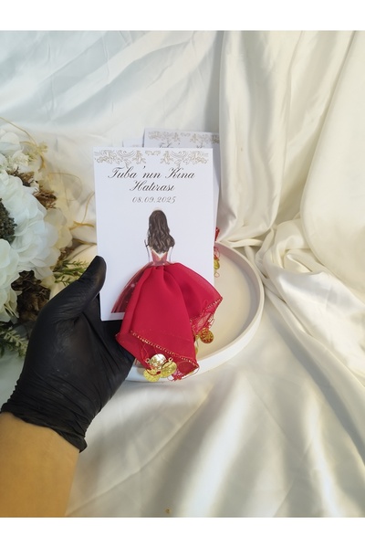 LADYBİRDTASARIM Kişiye Özel Kartlı gold pullu Kırmızı Halay mendili