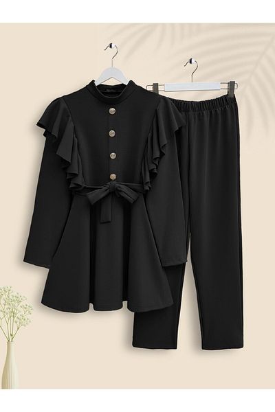 Modamorfo Button Detailed Ruffled Shoulder Suit - Black
