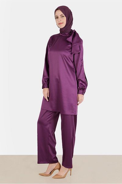 Alvina Satin Jewelled Bow Detailed Double Pants Set - 30276