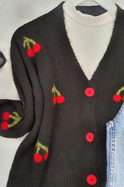 Modamorfo Cherry Pattern Short Cardigan -Black