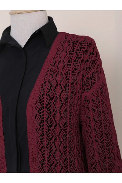 Modamorfo Half Sleeve Openwork Short Cardigan - Burgundy