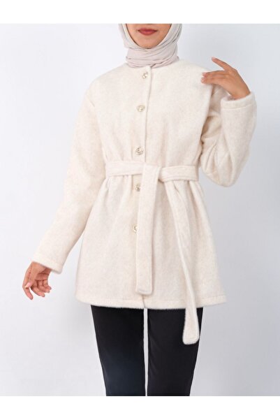 Modamorfo Buttoned Waist Tie Fur Jacket - Ecru