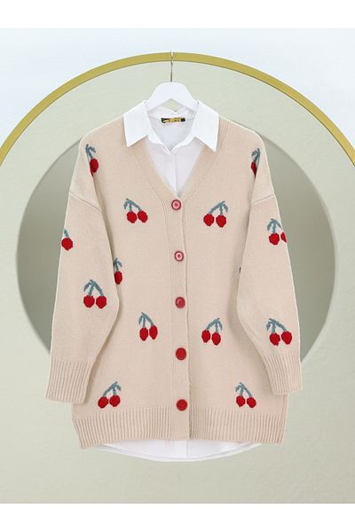 Modamorfo Buttoned Cherry Embroidered Medium Length Soft Cardigan - Cream
