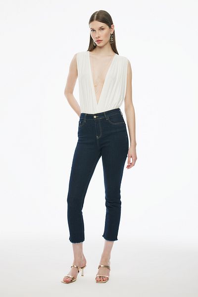Perspective White Denias Regular Fit V-Neck Zero Sleeve Blouse