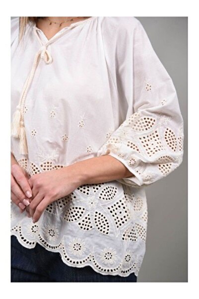 Y TWO WOMEN SHORT TUNIC BLOUSE WITH RAGGIO EMBROIDERY White S-M