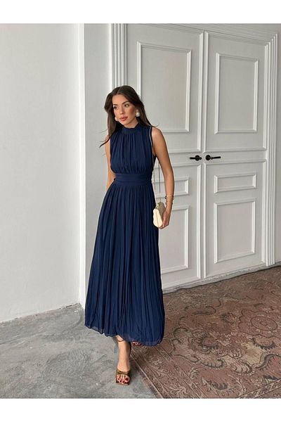 NDN STORE Women's Chiffon Fabric Stand Collar Back Low-Cut Design Sleeveless Maxi Evening Dress