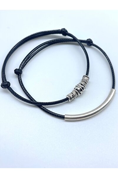 Concept HuBuTU Minimal Gümüş Kaplama Boru Karma Objeli Erkek Suni Deri İp Bil...