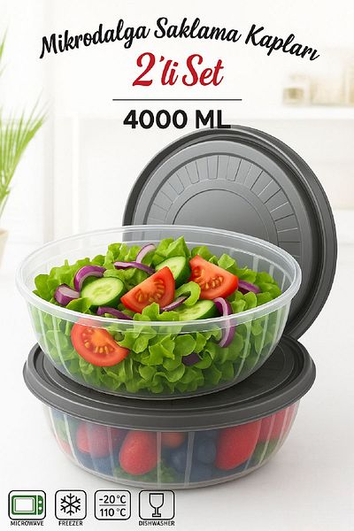 Open Home Concept 2 Pieces Round Storage Container Set with Lid - Bowl Microwave & Freezer Compatible 4 Lt Transparent