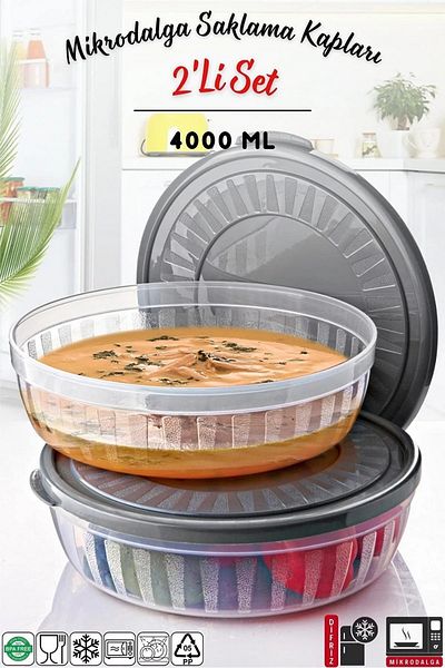 Open Home Concept 2 Pieces Round Storage Container Set with Lid - Bowl Microwave & Freezer Compatible 4 Lt Transparent