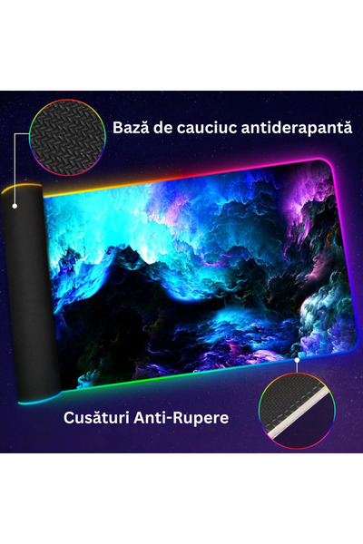 Velixo Mousepad mare din cauciuc, LED RGB, antiderapant, impermeabil, cusături anti-rupere, model ondulat, cablu USB, 80x30cm