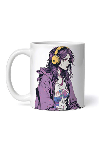 OEM Cană albă personalizată, Fată cu păr mov și căști, INOVATIX®. 330ml