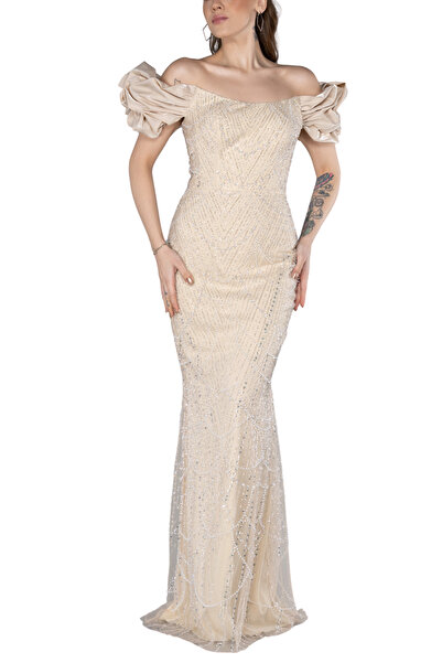 Arden Long Fish Evening Dress, Sequined with Sequins, Strapless, Moon Sleeve Wedding, Graduation Dress, Black, Gold, Burgundy, 44-48